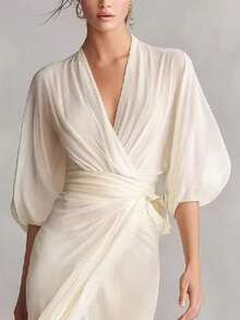 Long Dress With Deep V-Neck, Lantern Sleeves, Fitted, Ladylike Style, Autumn Party - 白色 - 查看 2