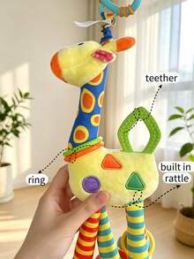 1pc Baby Giraffe Rattle Toy With Teether, Soft Plush Hanging Sensory Activity Toy With Ring Bells And Squeaker For Stroller, Crib And Car Seat, Gift For Infant Boys And Girls - 彩色 - 查看 4