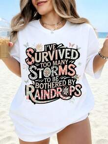 Camiseta Gráfica para Mujer con Estampado "Demasiadas Tormentas para Preocuparse por las Gotas de Lluvia", Estilo Casual de Playa de Verano, Camiseta Blanca Oversize con Frase Motivacional p - Blanco - Ver 1