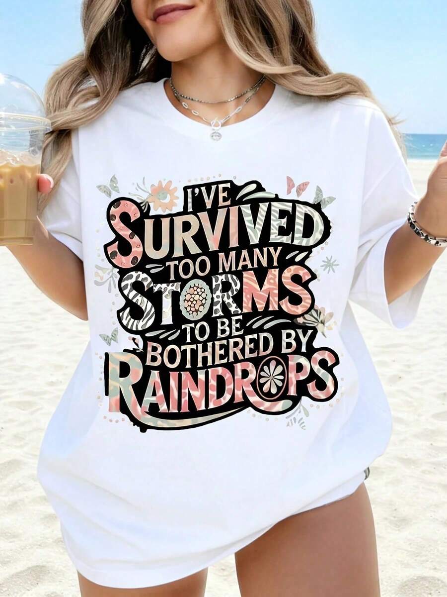 Camiseta Gráfica para Mujer con Estampado "Demasiadas Tormentas para Preocuparse por las Gotas de Lluvia", Estilo Casual de Playa de Verano, Camiseta Blanca Oversize con Frase Motivacional p - Blanco - Ver 1