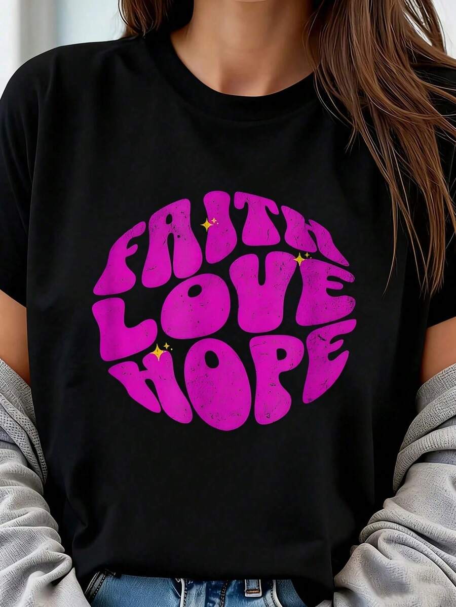 Camiseta de Talla Grande para Mujer con Frases Inspiradoras y Motivadoras de Fe, Esperanza y Amor, Diseño Gráfico, Manga Corta, 220g, 100% Poliéster, Estilo Casual, Cuello Redondo - Negro - Ver 1