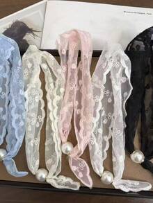 1pc New Solid Color Small Floral Print Wavy Edge Silk Scarf With Pearl Magnetic Buckle - Multicolor - View 6