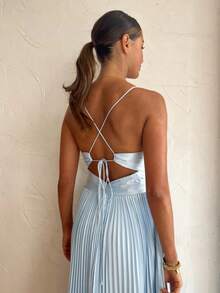 New European-American Spring-Summer 2026 Midi-Party Dress, Pleated, V-Neck, Straps, Wide Skirt - 藍色 - 查看 7