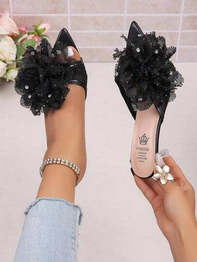 A Pair Of Black Lace Flower Pointed-Toe Heeled Mules,Pointed-Toe Stiletto Heel Slip-On Mules,Rhinestone Women High Heel Slides
