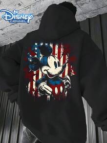 Disney Retro Mickey Mouse Denim Patchwork Hoodie, Vintage Frayed Edge Print, Black Casual Hooded Sweatshirt - Black - View 1
