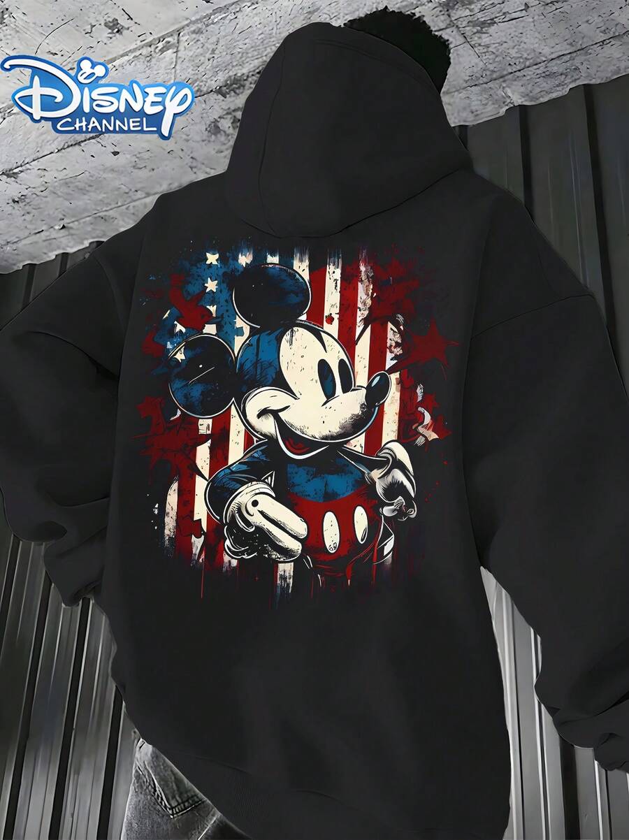 Disney Retro Mickey Mouse Denim Patchwork Hoodie, Vintage Frayed Edge Print, Black Casual Hooded Sweatshirt - Black - View 1