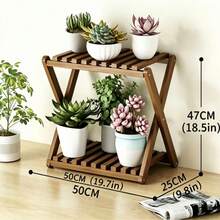 1 pieza Soporte de plantas rústico de 2 niveles de madera, color marrón/natural opcional, estante de exhibición de macetas, estantería multifuncional para interiores/exteriores, adecuado para balcón, jardín, sala de estar, 50cm/70cm opcional - A - Ver 13