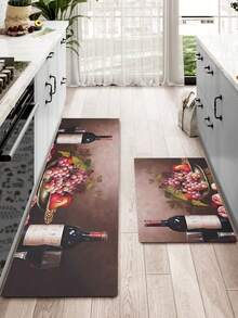 1pc Romantic Wine & Fruit Pattern Rubber Kitchen Mat, Washable, Soft & Non-Slip, Suitable For Bathroom Sink, Laundry Room And Other Areas - Multicolor - View 1