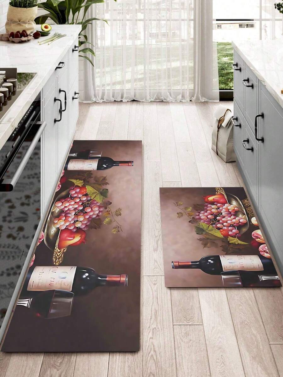 1pc Romantic Wine & Fruit Pattern Rubber Kitchen Mat, Washable, Soft & Non-Slip, Suitable For Bathroom Sink, Laundry Room And Other Areas - Multicolor - View 1