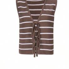 jianchaimaoyi02 Blusa de punto para mujer de primavera/verano - Casual minimalista con cuello en V a rayas, lazo delantero y chaleco de cobertura para vacaciones en la playa, color negro - Azul y blanco - Ver 7