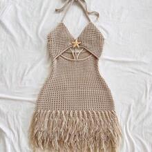 yonghongmaoyi1 Vestido mini de mujer  con tirantes finos, escote en V, calado, estrella de mar de metal tejida, flecos, para vacaciones, playa, cita, boda, fiesta, crucero, - Beis - Ver 4