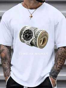 Camiseta de Talla para Hombre con Estampado Gráfico de Reloj y Dinero, Adecuada para el Verano, Camiseta Hecha de Tela Elástica Media SULB - Blanco - Ver 1