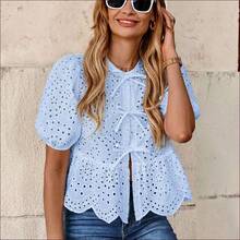 DZD  Blusa elegante de vacaciones con mangas de pétalos con lazo delantero y bordado, adecuada para el Día de San Valentín - Amarillo - Ver 10