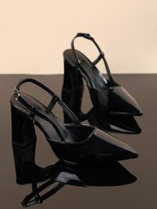 1 Pair Shiny Black Soft PU Teen High Heel Sandals With Silver Metal Buckle, Pointed Toe, Chunky Heel, Princess Style, Suitable For Daily Casual, Home, Party And Outdoor Wear, Summer/Autumn - Black - View 6