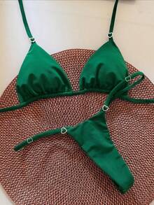 Women's Solid Color Triangle Bikini Set With Heart-Shaped Ring Decor. Features Triangle Cup Design, Spaghetti Strap, Sweet Yet Stylish. Vacation Beach - Green - View 1