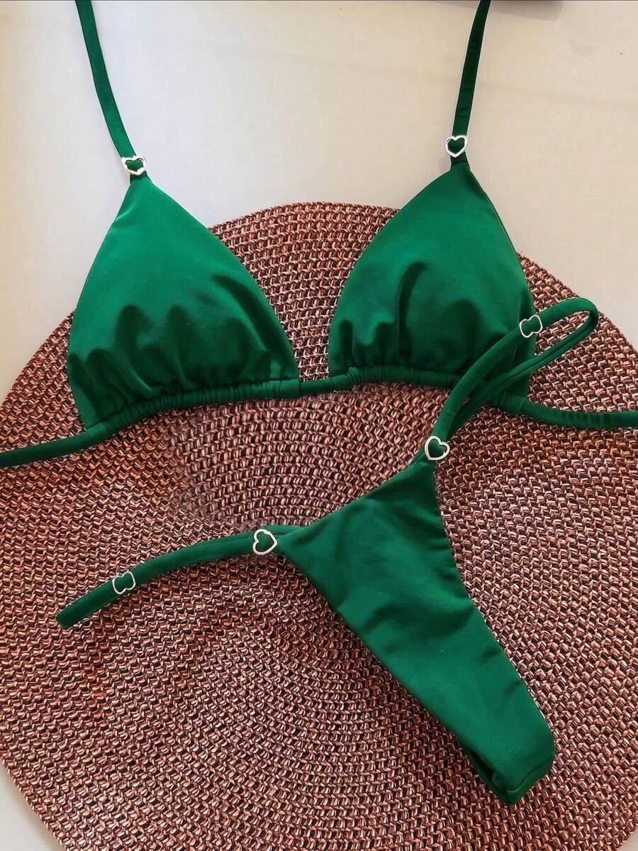 Women's Solid Color Triangle Bikini Set With Heart-Shaped Ring Decor. Features Triangle Cup Design, Spaghetti Strap, Sweet Yet Stylish. Vacation Beach - Green - View 1