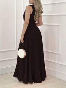 European American Summer Dresses, V-Neck, Sleeveless, Fitted, Long, Wide Skirt, Elegant, Casual, Perfect For Vacations And Parties, Women's Fashion - 黑色 - 查看 4