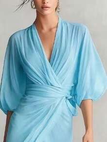 Long Dress With Deep V-Neck, Lantern Sleeves, Fitted, Ladylike Style, Autumn Party - 藍色 - 查看 2
