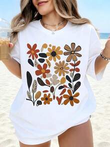 Camiseta Blanca con Estampado Floral para Mujer, Vestido de Playa de Verano Oversize, Top Casual Holgado con Gráficos de Flores Coloridas para Vacaciones y Uso Diario - Blanco - Ver 1