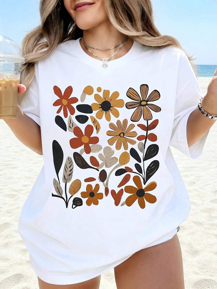 Camiseta Blanca con Estampado Floral para Mujer, Vestido de Playa de Verano Oversize, Top Casual Holgado con Gráficos de Flores Coloridas para Vacaciones y Uso Diario - Blanco - Ver 1