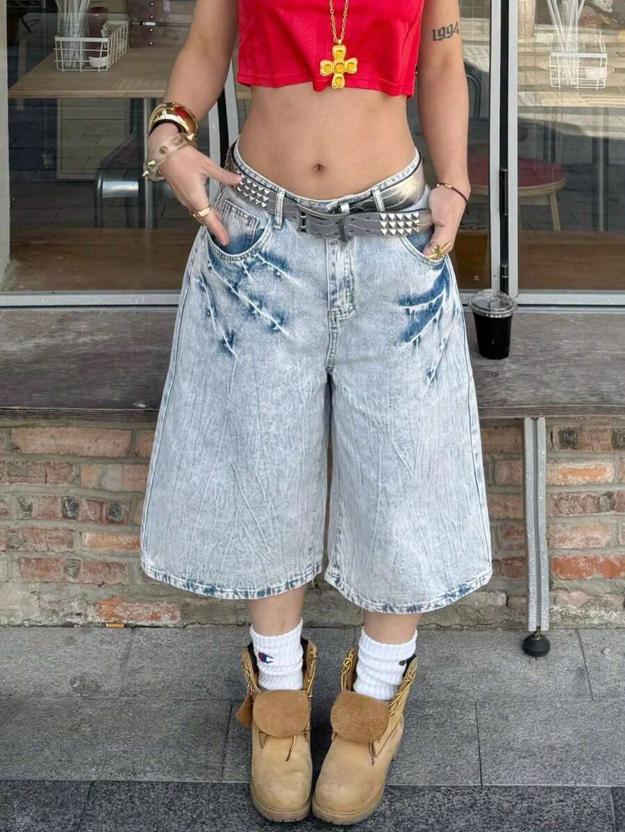 Pantalones cortos vaqueros de pierna ancha con bolsillos y efecto lavado con bigotes de gato, estilo vintage Y2K, pantalones capri casuales, para festivales de música Y2K en verano - Copos de nieve fritos - Ver 1
