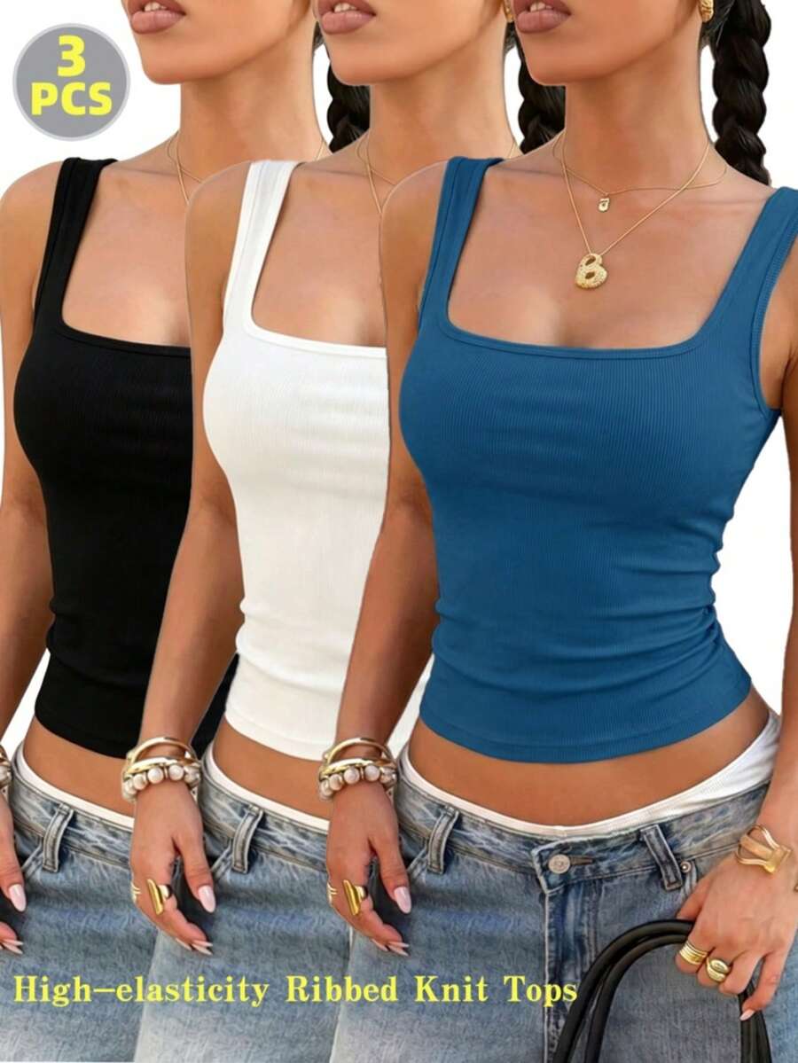 Must-Have Multi-Pack Soft Knit Fitted Sleeveless Top | 3-Color Basic Camisole, Suitable For Various Occasions - Multicolor - View 1
