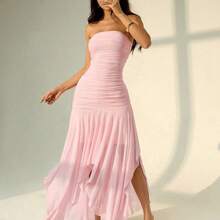 PETITE Vestido para mujer con dobladillo asimétrico y volantes sin tirantes, adecuado para citas y temporada de bodas, vestidos de verano para mujeres - Amarillo - Ver 6