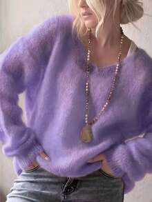 Women's Deep V-Neck Light Purple Mohair Pullover Knit Sweater, Hollow Out Fluffy Semi-Sheer Solid Color Loose Fit Versatile Top Fall - Purple - View 1