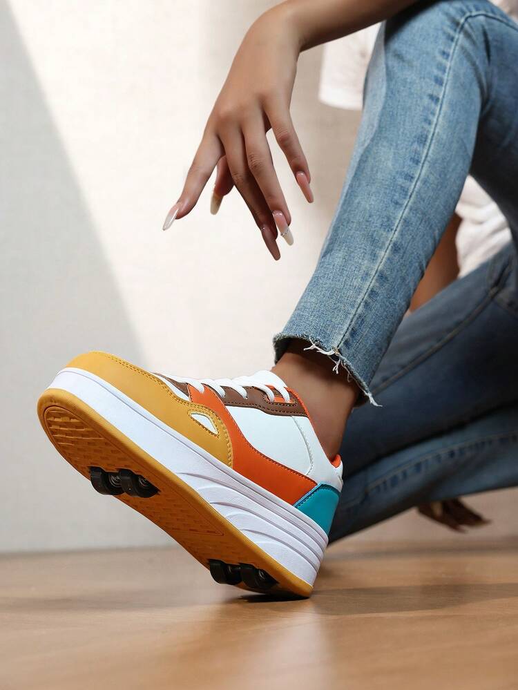 1 đôi giày trẻ em mới, phong cách hot trend, có thể biến hình và tháo rời, phối màu trắng/cam/cam, thiết kế 4 bánh kép, mũi tròn, cổ thấp, phối màu tương phản, giày trượt patin trẻ em, đa năng cho mọi mùa, phù hợp mặc trong nhà và ngoài trời - trái cam - Xem 6