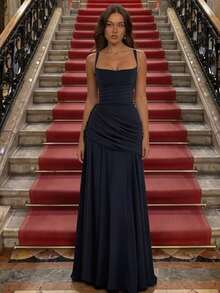 Elegant Sleeveless Long Party Dress For Women, Solid Color, European Style, New Fashion Wrap Dress - Navy Blue - View 10