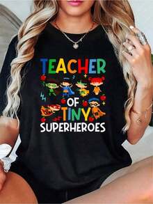 Funny Little Superheroes Teaching T-Shirt For The 100th Day Of School - 100% Cotton Casual Short Sleeve Crew Neck T-Shirt For Women For Spring And Summer - 黑色 - 查看 1