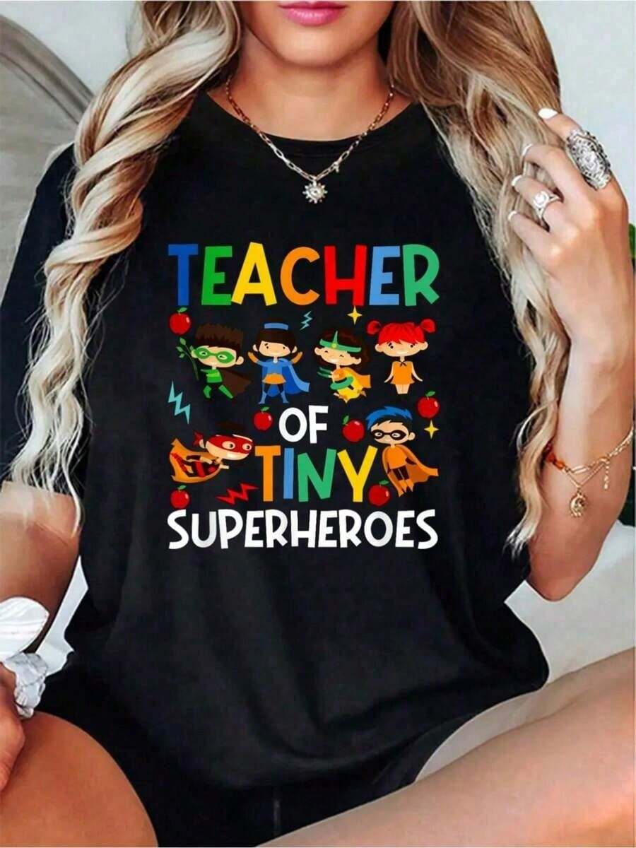 Funny Little Superheroes Teaching T-Shirt For The 100th Day Of School - 100% Cotton Casual Short Sleeve Crew Neck T-Shirt For Women For Spring And Summer - 黑色 - 查看 1