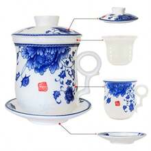 Porcelain Tea Cup with Infuser Lid and Saucer Sets - Chinese Jingdezhen Ceramics Coffee Mug Teacup Loose Leaf Tea Brewing System for Home Office - Azul - Ver 2