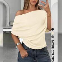 Women's Off-Shoulder Dolman Sleeve Top, Asymmetric Neck Ruched Side Casual T-Shirt For Streetwear & Daily Wear - Black - View 3