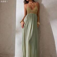 jianchaimaoyi02  Vestido elegante y sexy con escote en V profundo, hecho de ganchillo y parches de malla, para mujer. Ideal para vacaciones, atuendo de playa y vestidos de - Caqui - Ver 5