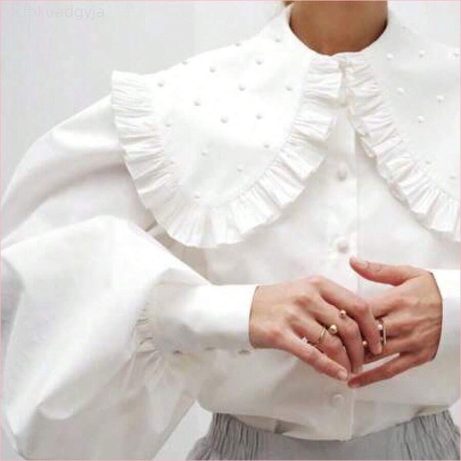 WNS Blusa de manga larga con cuello de volantes de unicolor elegante para mujeres, adecuada para citas, fiestas, negocios, uso casual, Día de San Valentín - Blanco - Ver 1