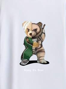 Camiseta de manga corta con cuello redondo y estampado de oso de kung fu, de estilo veraniego e imaginativo, para deportes y ocio, para hombres altos y corpulentos. - Blanco - Ver 4