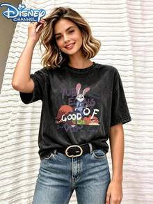 Zootopia Judy And Nick Print Pattern, Movie Character Cartoon Design, Women's Washed Pure Cotton T-Shirt, Suitable For Daily Outings And Gatherings - 黑色 - 查看 2