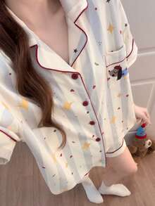 2件組女款睡衣家居套裝，新式開襟外套附胸前口袋，可愛小狗印花短袖上衣配星星印花短褲，簡約休閒，適合春夏穿著 - 彩色 - 查看 7