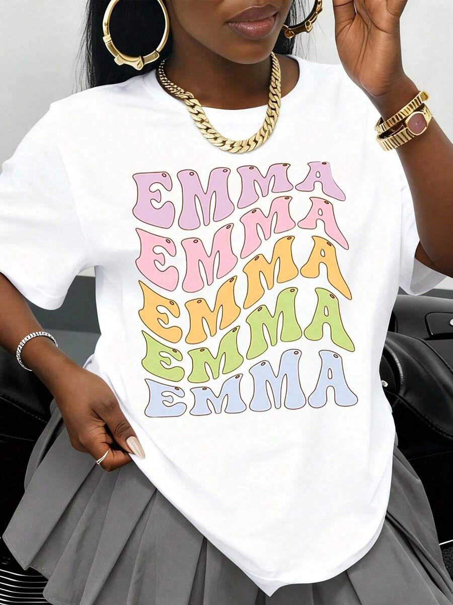 Camiseta Gráfica con Nombre Emma, Negra, Unisex, Estilo Oversized, Moda Urbana, Top Casual para Hombres y Mujeres, Idea de Regalo de Cumpleaños, Camiseta con Diseño Tipográfico Colorido - Blanco - Ver 1
