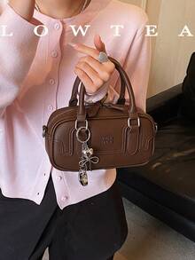 Low Tea 1pc Solid Color PU Fabric Handbag Women's Vintage Fashion Bowling Bag Top Double Handle Design Zipper Closure Detachable Adjustable Shoulder Strap For Shoulder And Crossbody Use Suitable For Travel, Shopping, Dating, Women's Gift (Sold With Pendant, See Size Chart For Display) - Brown - View 5