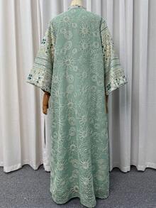 女款撞色亮片刺繡缺口領長袖A字洋裝，優雅時尚秋季洋裝 - 薄荷綠 - 查看 7