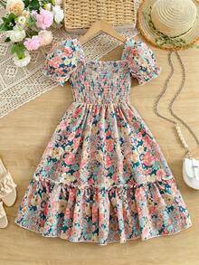 Vestido de princesa para niña preadolescente con decoración de volantes en mangas y bajo con estampado de corazones, atuendo para playa, vacaciones y fiestas de verano - Rosa - Ver 4