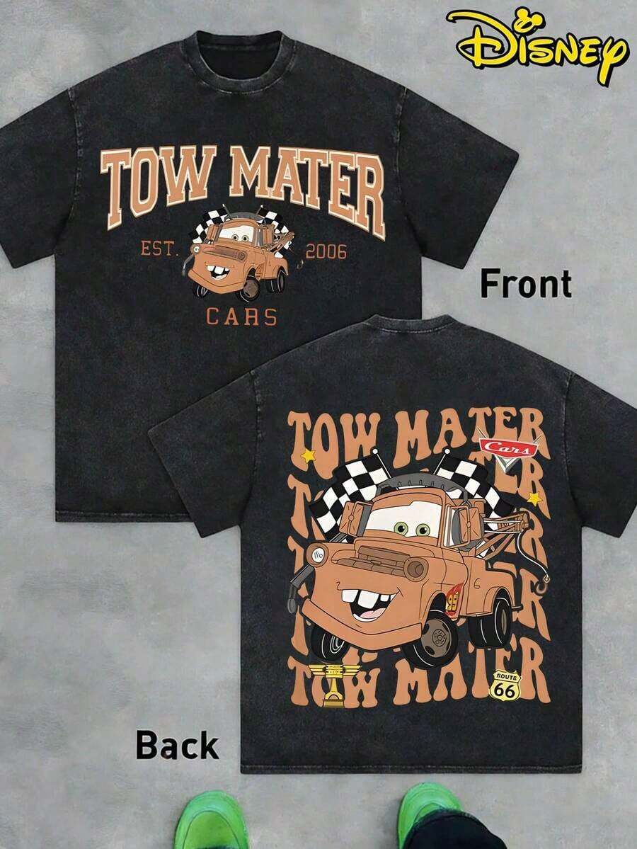 Disney Cars Tow Mater Washed Black T-Shirt,LocaUnisex Racing Tee - 黑色 - 查看 1