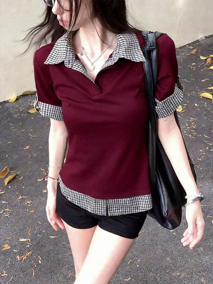 學院風女款短袖夏季拼色格紋 2 合 1 修身 T 恤,甜辣風休閒上衣 - 酒紅色 - 查看 1