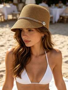 1pc Women's Straw Hat, Polyester Bohemian Style, Solid Color, Sun Protection, Breathable, Vintage, Suitable For Outdoor Daily Use,Beach,Travel - Multicolor - View 22
