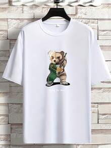 Camiseta de manga corta con cuello redondo y estampado de oso de kung fu, de estilo veraniego e imaginativo, para deportes y ocio, para hombres altos y corpulentos. - Blanco - Ver 1