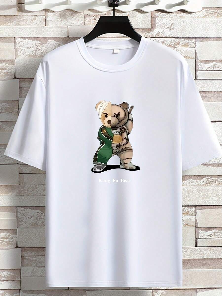 Camiseta de manga corta con cuello redondo y estampado de oso de kung fu, de estilo veraniego e imaginativo, para deportes y ocio, para hombres altos y corpulentos. - Blanco - Ver 1