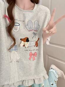 2件組女款睡衣家居服套裝，可愛小狗印花蕾絲蝴蝶結裝飾套頭短袖上衣，動物印花短版長褲，時尚款，適合春、夏、秋季 - 彩色 - 查看 6