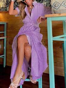 REFRESH YOUR WARDROBE NOW! New Women's Midi Dress, Elegant Striped Print, Short Sleeves, Flattering And Comfortable Loose Fit For Everyday Wear And The Office - 紫色 - 查看 2
